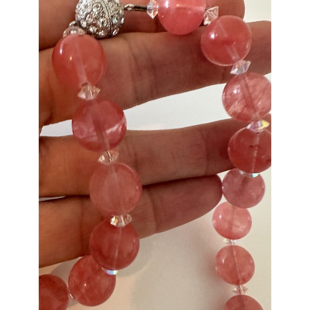 Rose Pink Glass Beaded Necklace Silver Crystal Screw Clasp‎ 16 in Stunning